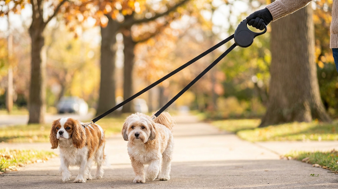 Two small dogs being walked together side by side on a sunny sidewalk with their leashes untangled, held by a single ergonomic dual-leash handle