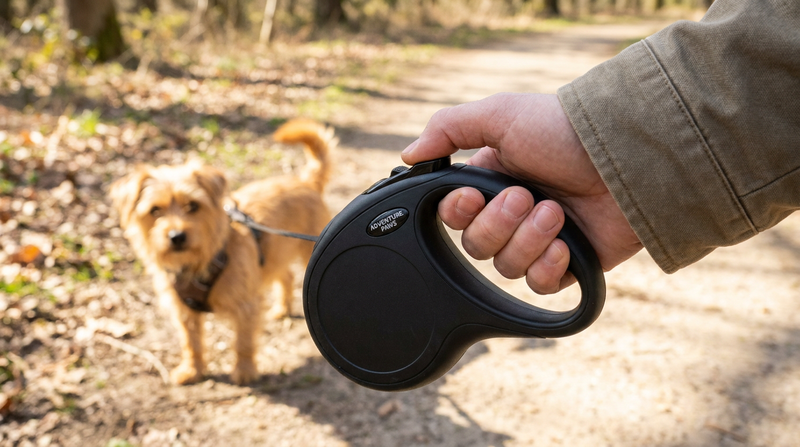 Close-up of a hand holding a black retractable dog leash with the manual lock button visible under the thumb, dog softly out of focus in the background