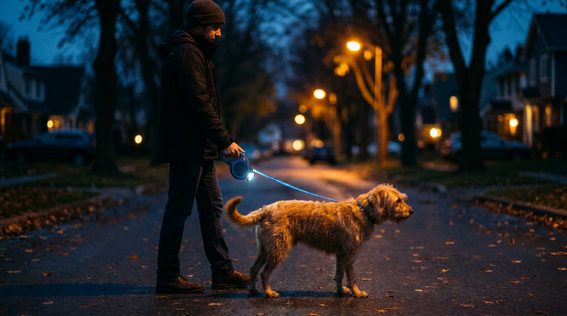 A person walking their dog at dusk on a quiet suburban sidewalk with a glowing LED light on the leash handle illuminating the path