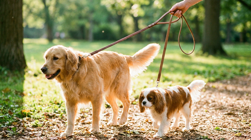 A golden retriever and a small Cavalier King Charles Spaniel being walked together on a sunny park path with a single dual-leash handle