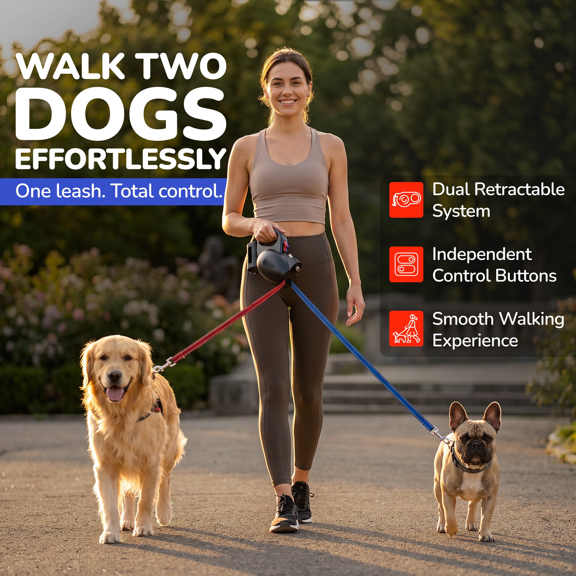 Ergonomic single-hand grip handle with built-in poop bag holder on the Astro 360 dual retractable dog leash