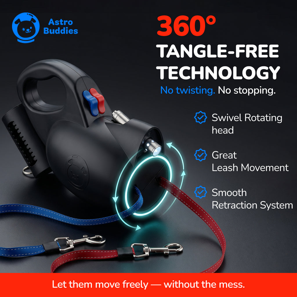 Dual retractable dog leash with built-in LED light for safer night walks
