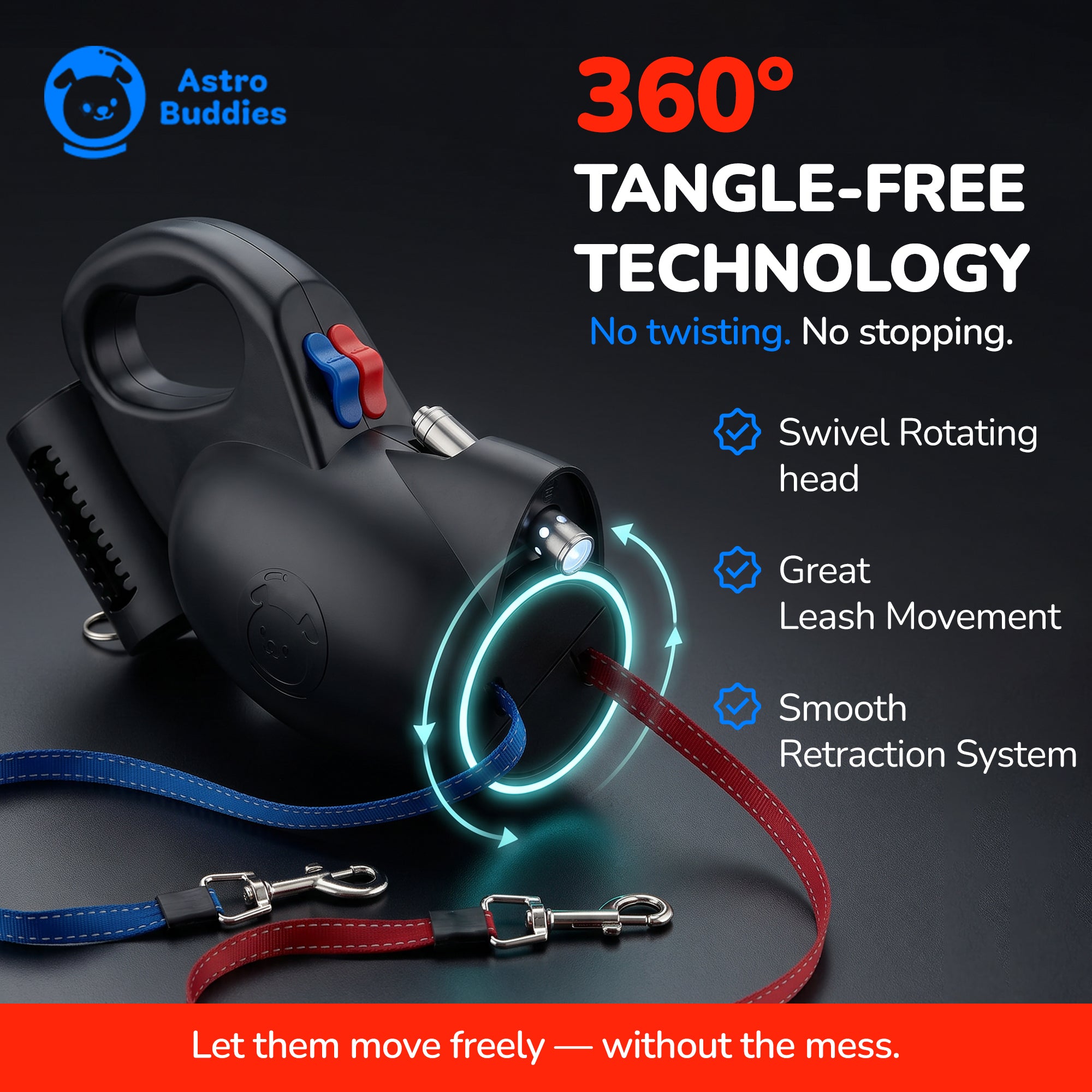 Dual retractable dog leash with built-in LED light for safer night walks
