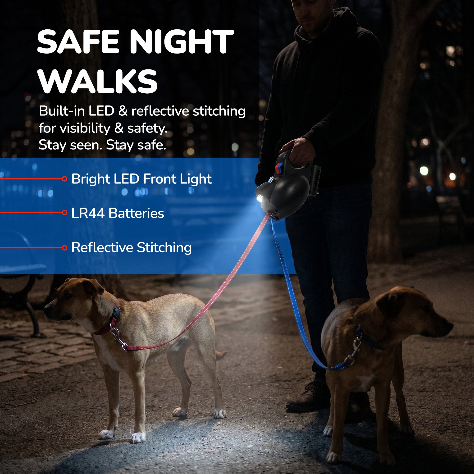 Independent lock buttons on the Astro 360 dual retractable dog leash for individual cord control