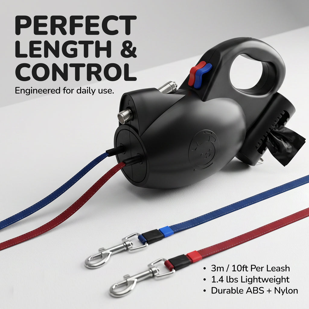 Tangle-free double dog leash being used to walk two small dogs side by side