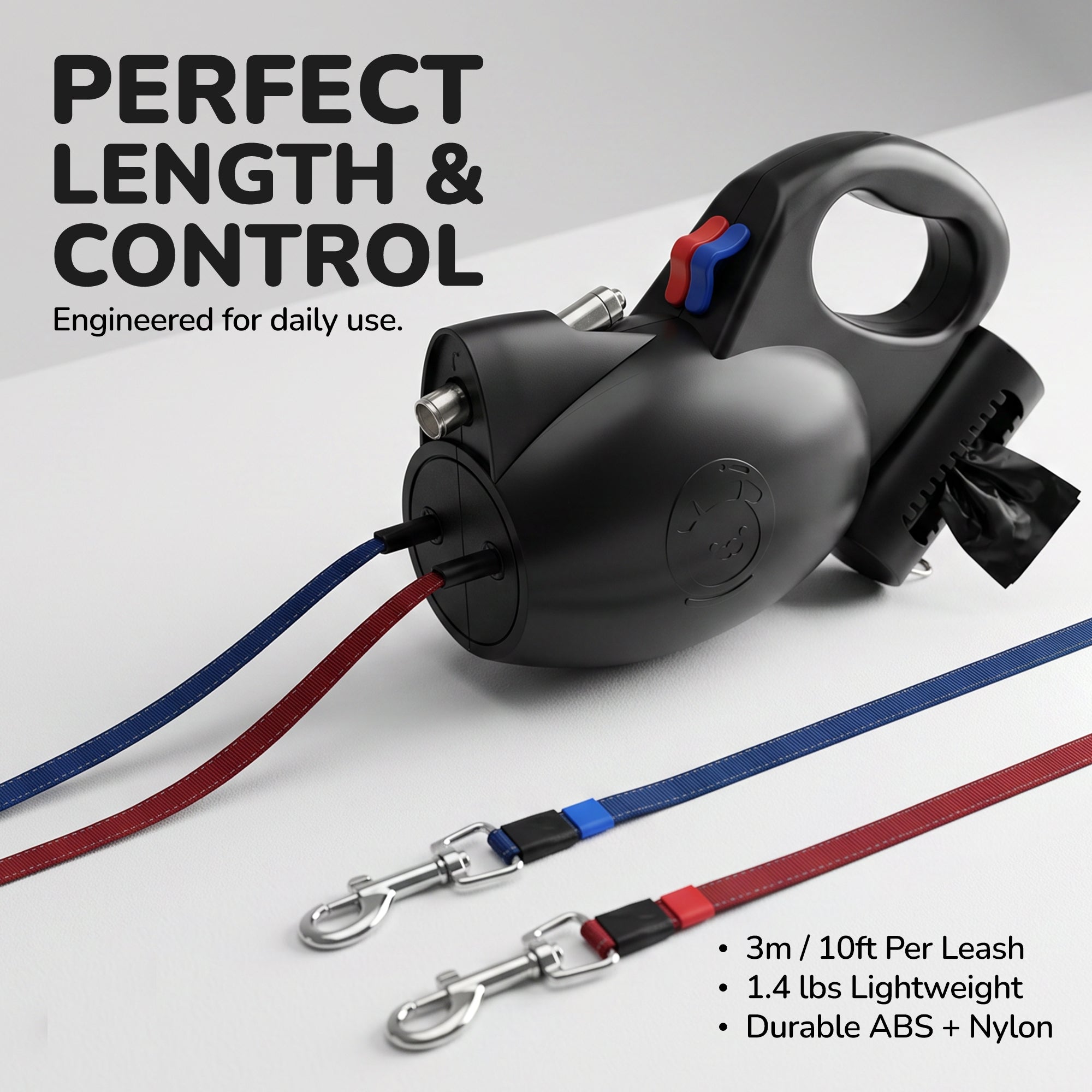 Tangle-free double dog leash being used to walk two small dogs side by side