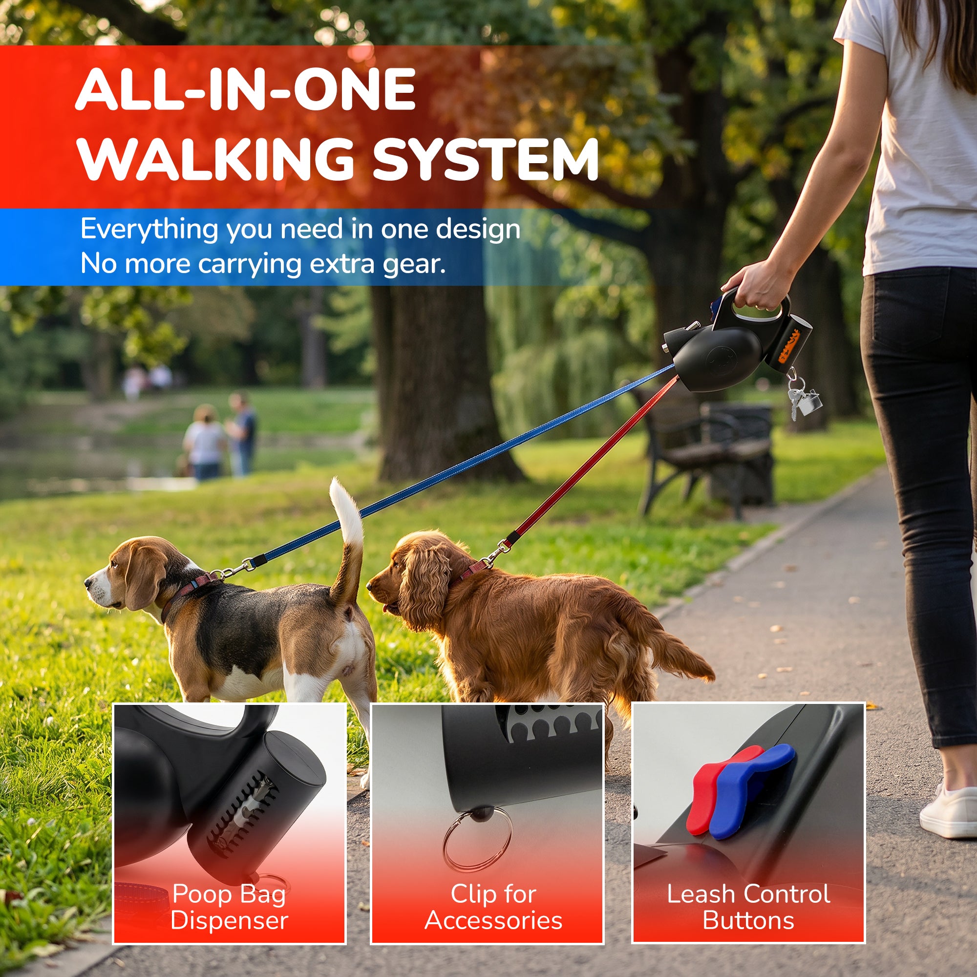 Astro 360 dual retractable dog leash packaging contents including LED battery set and sheath